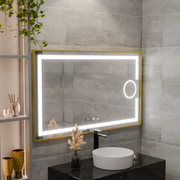 Ορθογώνιος καθρέφτης LED, 120x80 cm, Eclat MotionGlow Marcello, Σύστημα αποθάμβωσης, Ρολόι & Θερμόμετρο, Καλλυντικό Μεγεθυντικός φακός, Dimable, Βουρτσισμένο χρυσό πλαίσιο Marcello Mirrors Προεπιλεγμένος τίτλος Alessandro Design