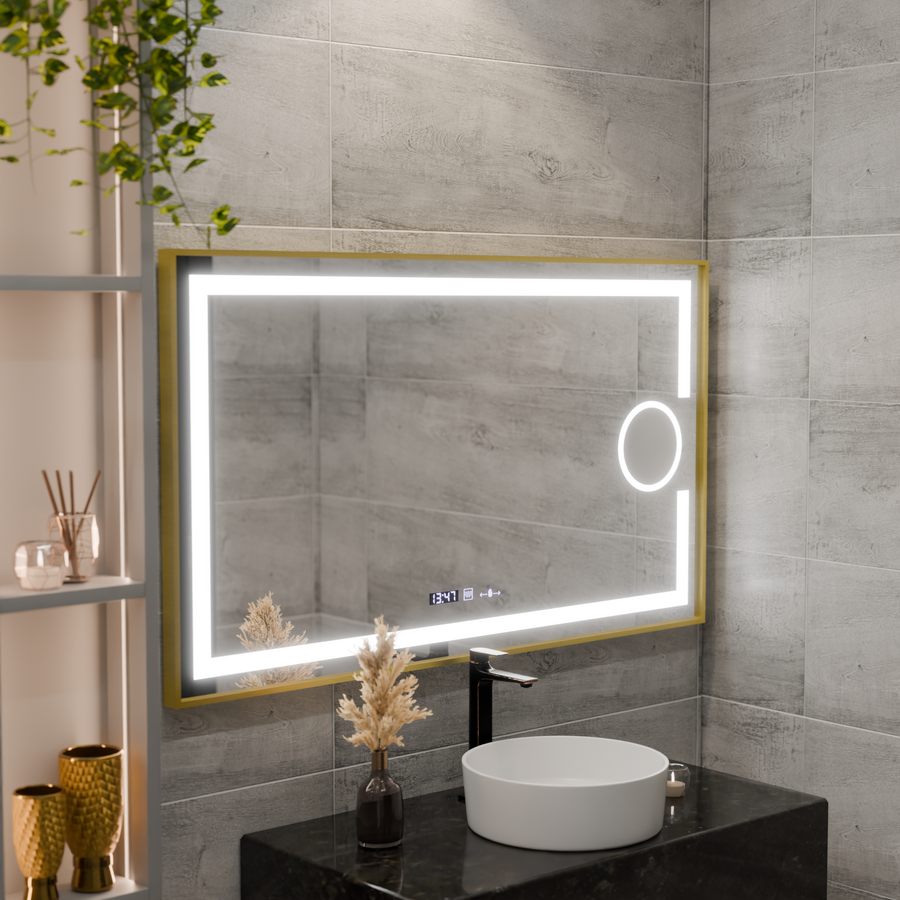 Ορθογώνιος καθρέφτης LED, 120x80 cm, Eclat MotionGlow Marcello, Σύστημα αποθάμβωσης, Ρολόι & Θερμόμετρο, Καλλυντικό Μεγεθυντικός φακός, Dimable, Βουρτσισμένο χρυσό πλαίσιο Marcello Mirrors Προεπιλεγμένος τίτλος Alessandro Design