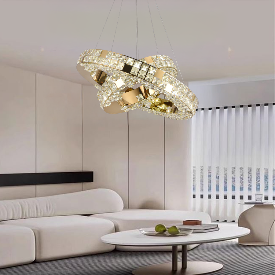 Πολυέλαιος LED με Τηλεχειριστήριο, LLC135/2GD, Κρύσταλλο και Μέταλλο, 54W, 2 Κύκλοι, Ρυθμιζόμενος, Ρυθμιζόμενος Ύψος, Κρύο/Ζεστό/Ουδέτερο φως 3000K/4000K/6000K, Πολυέλαιοι LED φωτισμού πολυτελείας με Τηλεχειριστήριο Σχεδίασης TD Default