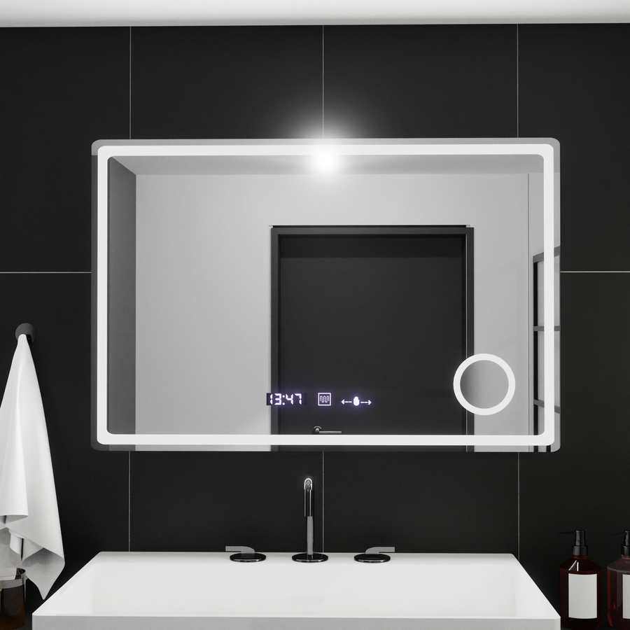 Ορθογώνιος καθρέφτης LED, 90x60 cm, Velor MotionGlow Marcello, Σύστημα αποθαμβώματος, Ρολόι & Θερμόμετρο, Καλλυντικός Μεγεθυντικός φακός, Καθρέφτες Dimable Marcello Προεπιλεγμένος τίτλος Alessandro Design
