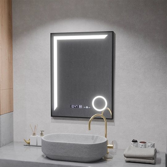 Καθρέφτης LED Sensor MotionGlow Francesca 60x80 cm Ζεστό/κρύο/ουδέτερο φως με δυνατότητα ρύθμισης μαύρου πλαισίου Βουρτσισμένο σύστημα αποθάμβωσης Θερμόμετρο Ρολόι Marcello Funghi Collection