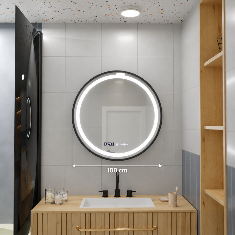 LED Στρογγυλός καθρέφτης, 100 cm, Celeste Majesté Noir MotionGlow Marcello, Σύστημα αποθαμβώματος, Ρολόι & Θερμόμετρο, Καθρέφτες Dimable Marcello Προεπιλεγμένος τίτλος Alessandro Design