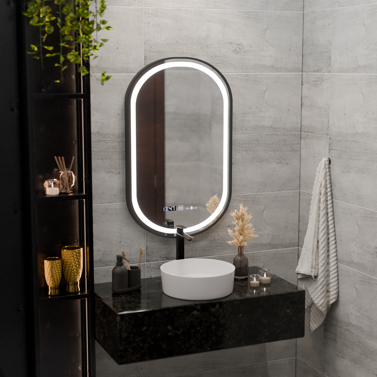 LED Touch Helmut Mirror, Demister System, Clock and Temperature 45x90 cm, Black Frame, Brushed Marcello Funghi Mirrors Korman S Προεπιλεγμένος τίτλος Alessandro Design