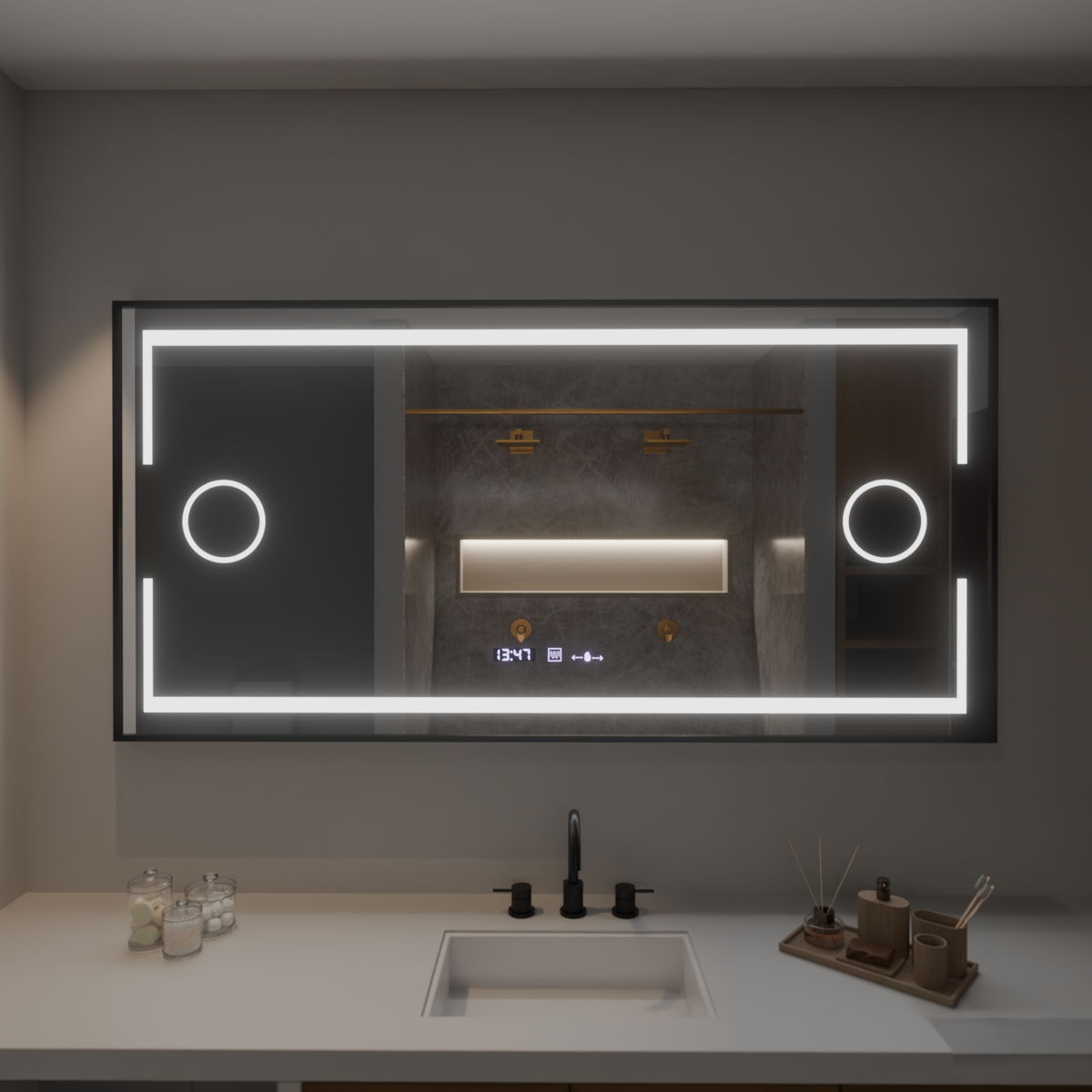 Ορθογώνιος καθρέφτης LED, 160x80 cm, Αισθητήρας Marcello MotionGlow, Σύστημα αποθολώματος, Ρολόι & Θερμόμετρο, Καλλυντικός Μεγεθυντικός φακός, Dimable Marcello Mirrors Προεπιλεγμένος τίτλος Alessandro Design