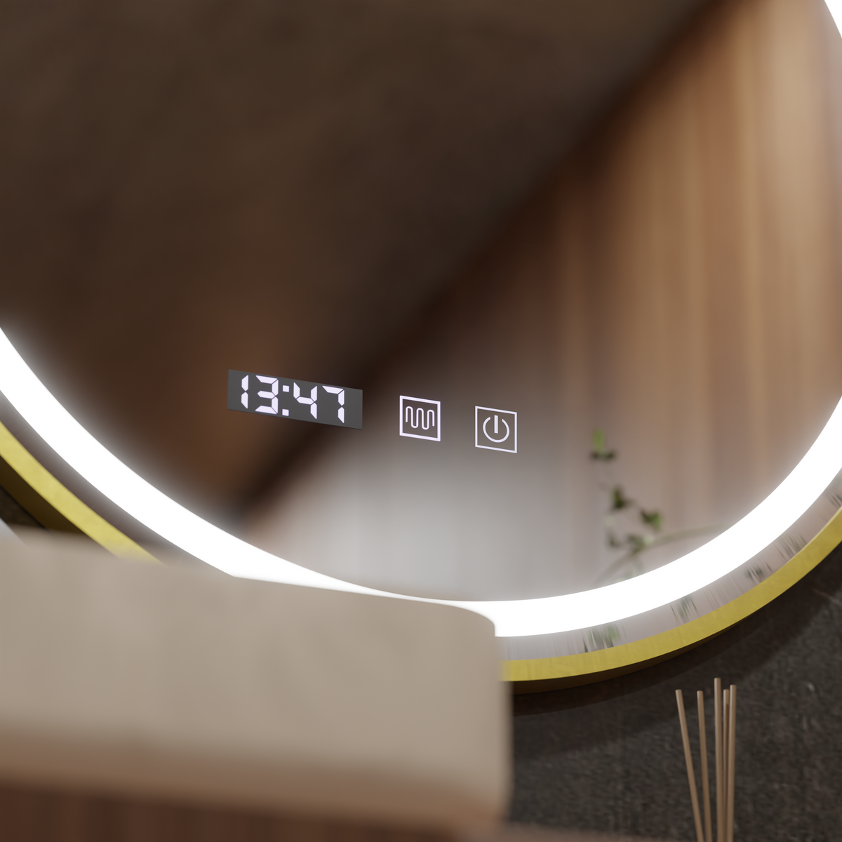 Καθρέφτης αφής LUSSO LED, Σύστημα Demister, Ρολόι και θερμοκρασία, Διάμετρος 60cm, Βουρτσισμένο χρυσό πλαίσιο, Warm Cold Neutral Light 3000K/4500K/6000K, Dimmable Korman S Mirrors Προεπιλεγμένος τίτλος Alessandro Design