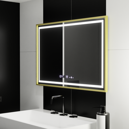 Ορθογώνιος καθρέφτης LED, 100x65 cm, Verite Royale Gold Motion Glow Marcello, Σύστημα αποθάμβωσης, Ρολόι & Θερμόμετρο, Dimable Mirrors Marcello Προεπιλεγμένος τίτλος Alessandro Design