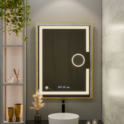 Ορθογώνιος καθρέφτης LED, 60x80 cm, Eclat MotionGlow Marcello, Σύστημα αποθάμβωσης, Ρολόι & Θερμόμετρο, Καλλυντικός Μεγεθυντικός φακός, Dimable, Βουρτσισμένο χρυσό πλαίσιο καθρέφτες Marcello Προεπιλεγμένος τίτλος Alessandro Design