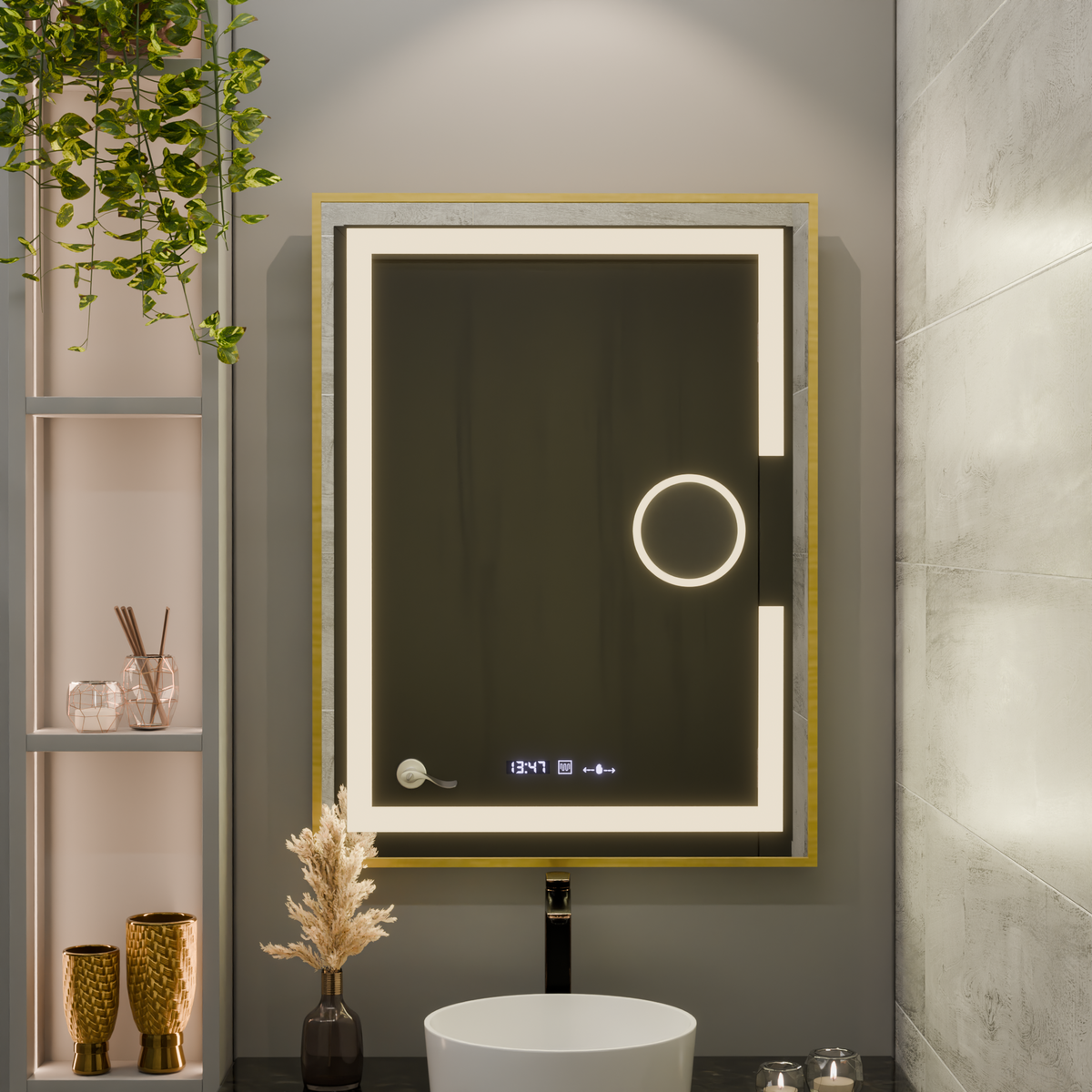 Ορθογώνιος καθρέφτης LED, 60x80 cm, Eclat MotionGlow Marcello, Σύστημα αποθάμβωσης, Ρολόι & Θερμόμετρο, Καλλυντικός Μεγεθυντικός φακός, Dimable, Βουρτσισμένο χρυσό πλαίσιο καθρέφτες Marcello Προεπιλεγμένος τίτλος Alessandro Design