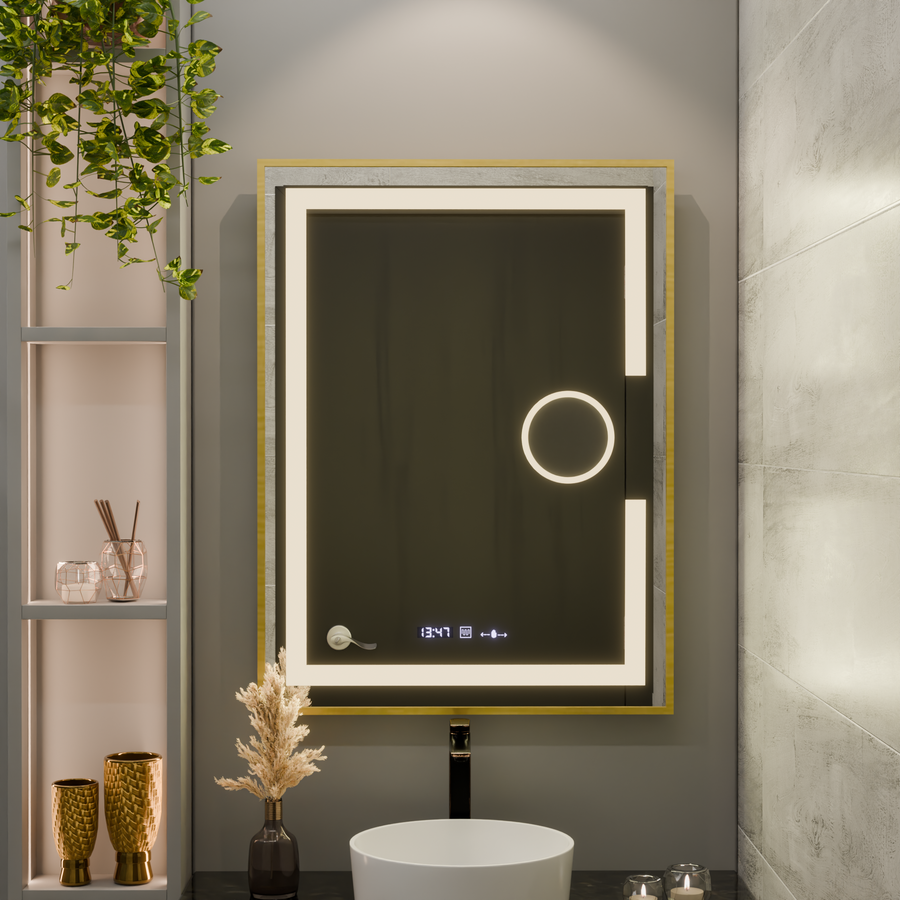 Ορθογώνιος καθρέφτης LED, 60x80 cm, Eclat MotionGlow Marcello, Σύστημα αποθάμβωσης, Ρολόι & Θερμόμετρο, Καλλυντικός Μεγεθυντικός φακός, Dimable, Βουρτσισμένο χρυσό πλαίσιο καθρέφτες Marcello Προεπιλεγμένος τίτλος Alessandro Design