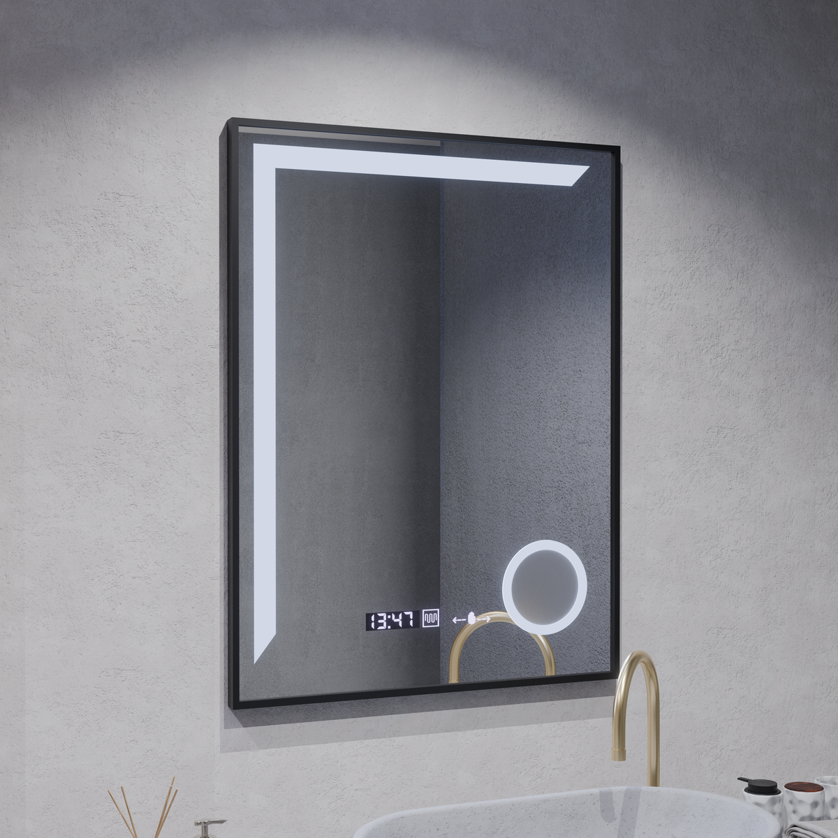 Καθρέφτης LED Francesca MotionGlow Sensor 60x80 cm Ζεστό/κρύο/ουδέτερο φως Dimmable Μαύρο πλαίσιο Βουρτσισμένο σύστημα αποθάμβωσης Thermometer Clock Marcello Funghi Collection Marcello Mirrors Προεπιλεγμένος τίτλος Alessandro Design