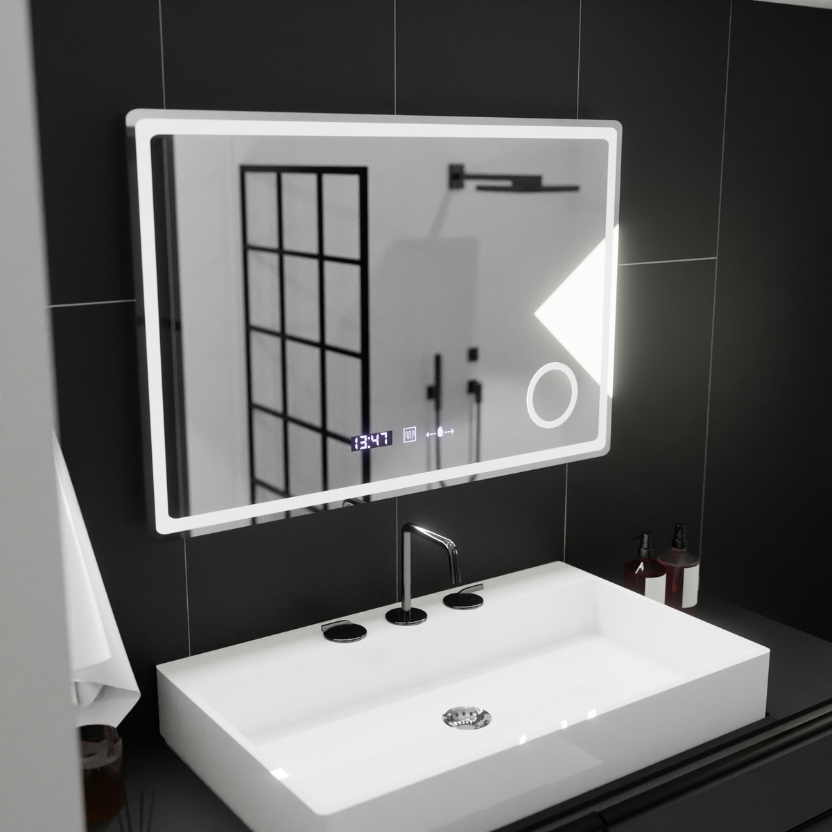 Ορθογώνιος καθρέφτης LED, 90x60 cm, Velor MotionGlow Marcello, Σύστημα αποθαμβώματος, Ρολόι & Θερμόμετρο, Καλλυντικός Μεγεθυντικός φακός, Καθρέφτες Dimable Marcello Προεπιλεγμένος τίτλος Alessandro Design