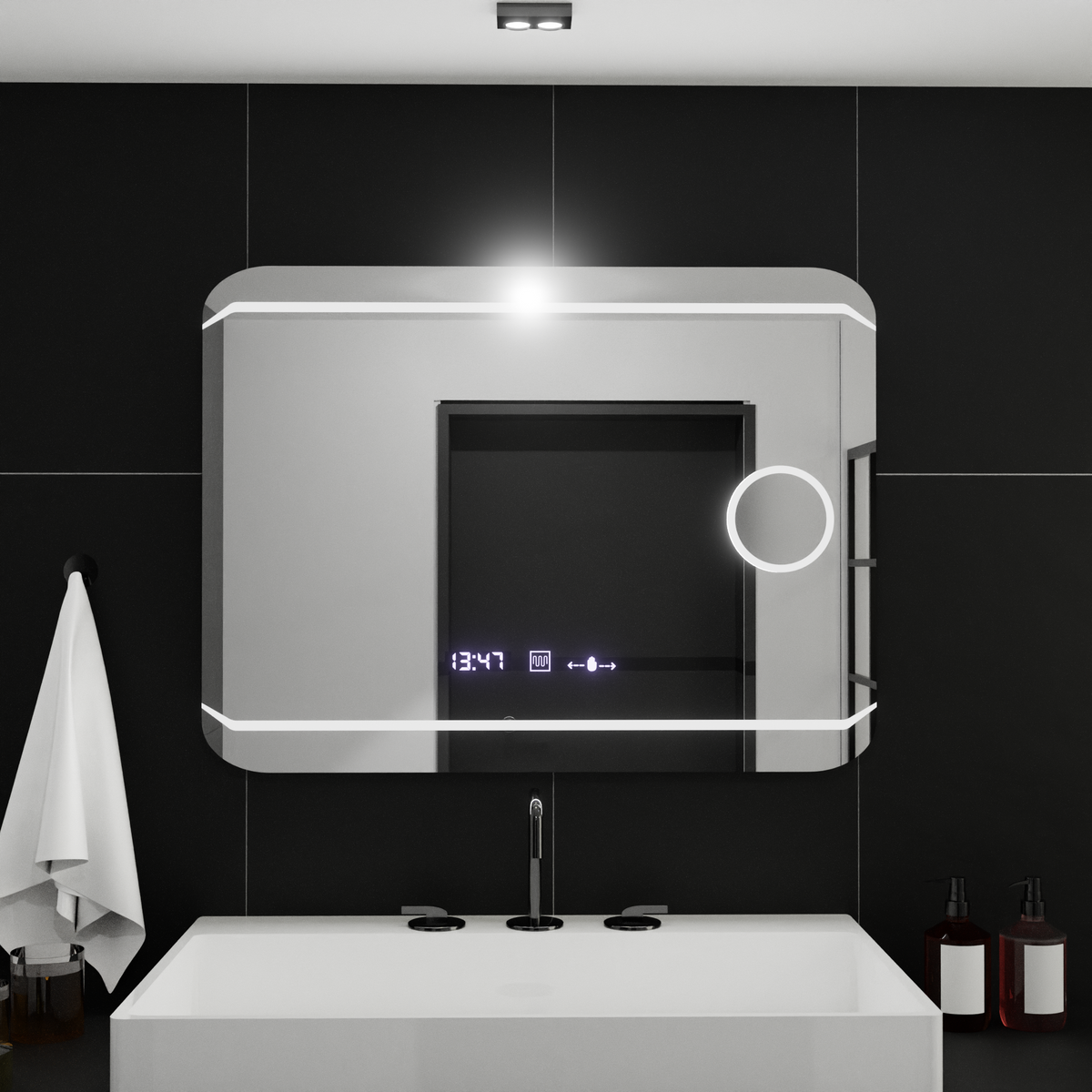 Ορθογώνιος καθρέφτης LED, 80x60 cm, MotionGlow Στυλ Marcello, Σύστημα αποθαμβώματος, Ρολόι & Θερμόμετρο, Καλλυντικός Μεγεθυντικός φακός, Dimable Marcello Mirrors Προεπιλεγμένος τίτλος Alessandro Design