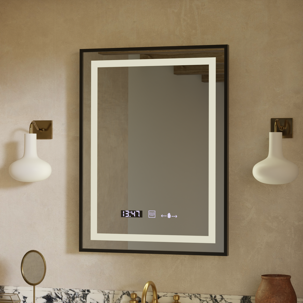 Ορθογώνιος καθρέφτης LED, 50x70 cm, Verite Majeste Noir Motion Glow Marcello, Σύστημα αποθαμβώματος, Ρολόι & Θερμόμετρο, Καθρέφτες Dimable Marcello Προεπιλεγμένος τίτλος Alessandro Design