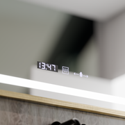 Ορθογώνιος καθρέφτης LED, 120x80 cm, Eclat MotionGlow Marcello, Σύστημα αποθάμβωσης, Ρολόι & Θερμόμετρο, Καλλυντικό Μεγεθυντικός φακός, Dimable, Βουρτσισμένο χρυσό πλαίσιο Marcello Mirrors Προεπιλεγμένος τίτλος Alessandro Design