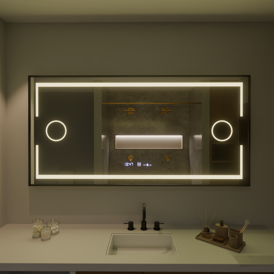 Ορθογώνιος καθρέφτης LED, 160x80 cm, Αισθητήρας Marcello MotionGlow, Σύστημα αποθολώματος, Ρολόι & Θερμόμετρο, Καλλυντικός Μεγεθυντικός φακός, Dimable Marcello Mirrors Προεπιλεγμένος τίτλος Alessandro Design
