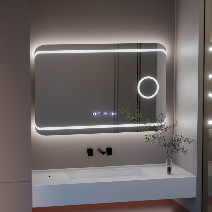 Ορθογώνιος καθρέφτης LED, 100x60 cm, Definition MotionGlow Marcello, Σύστημα αποθάμβωσης, Ρολόι & Θερμόμετρο, Καλλυντικός Μεγεθυντικός φακός, Dimable Marcello Mirrors Προεπιλεγμένος τίτλος Alessandro Design