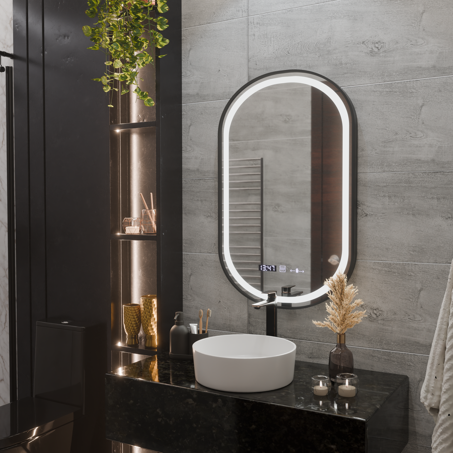 LED Touch Helmut Mirror, Demister System, Clock and Temperature 45x90 cm, Black Frame, Brushed Marcello Funghi Mirrors Korman S Προεπιλεγμένος τίτλος Alessandro Design