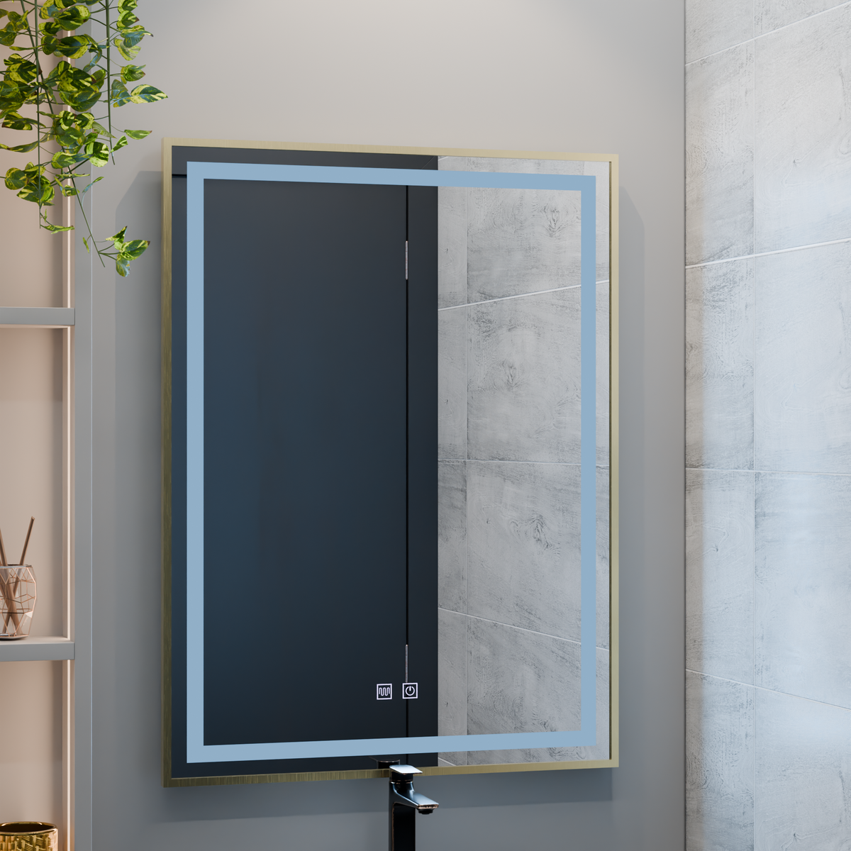 Καθρέφτης LED αφής RAYNA, 60x80 cm, λειτουργία Demister, Βουρτσισμένο χρυσό πλαίσιο Καθρέφτες Korman E Προεπιλεγμένος τίτλος Alessandro Design