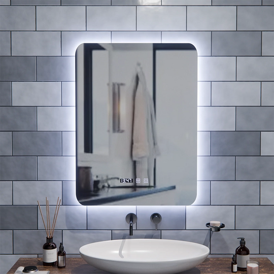 Ορθογώνιος καθρέφτης LED αφής ARTAR, 60X80cm, Σύστημα αποθάμβωσης, ρύθμιση ρύθμισης, ρολόι και θερμοκρασία, θερμό ουδέτερο ψυχρό φως 3000K/4000K/6000K