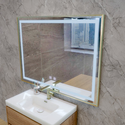 Καθρέφτης LED αφής RAYNA, 80x60 cm, λειτουργία Demist, Καθρέφτες από βουρτσισμένο χρυσό πλαίσιο Korman E Προεπιλεγμένος τίτλος Alessandro Design