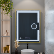 Ορθογώνιος καθρέφτης LED, 60x80 cm, Eclat MotionGlow Marcello, Σύστημα αποθάμβωσης, Ρολόι & Θερμόμετρο, Καλλυντικός Μεγεθυντικός φακός, Dimable, Βουρτσισμένο χρυσό πλαίσιο καθρέφτες Marcello Προεπιλεγμένος τίτλος Alessandro Design