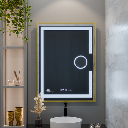 Ορθογώνιος καθρέφτης LED, 60x80 cm, Eclat MotionGlow Marcello, Σύστημα αποθάμβωσης, Ρολόι & Θερμόμετρο, Καλλυντικός Μεγεθυντικός φακός, Dimable, Βουρτσισμένο χρυσό πλαίσιο καθρέφτες Marcello Προεπιλεγμένος τίτλος Alessandro Design