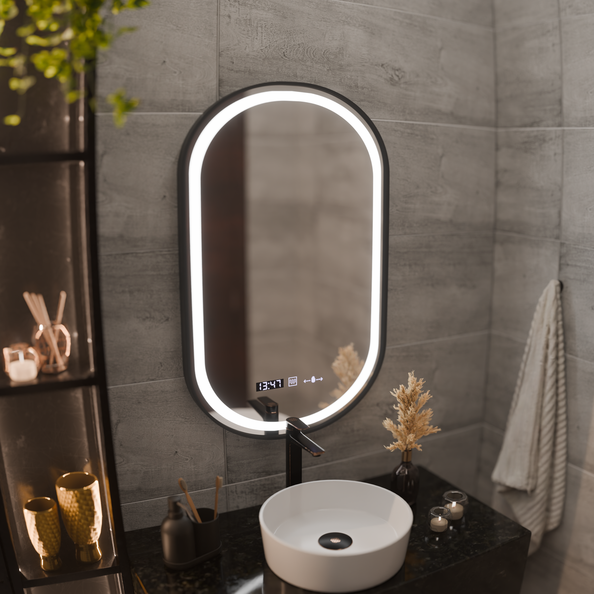 LED Touch Helmut Mirror, Demister System, Clock and Temperature 45x90 cm, Black Frame, Brushed Marcello Funghi Mirrors Korman S Προεπιλεγμένος τίτλος Alessandro Design