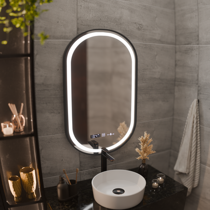 LED Touch Helmut Mirror, Demister System, Clock and Temperature 45x90 cm, Black Frame, Brushed Marcello Funghi Mirrors Korman S Προεπιλεγμένος τίτλος Alessandro Design