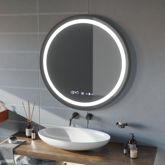LED Στρογγυλός καθρέφτης, 100 cm, Celeste Majesté Noir MotionGlow Marcello, Σύστημα αποθαμβώματος, Ρολόι & Θερμόμετρο, Καθρέφτες Dimable Marcello Προεπιλεγμένος τίτλος Alessandro Design