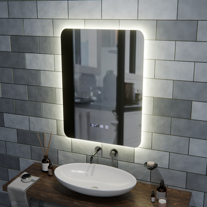 Ορθογώνιος καθρέφτης LED αφής ARTAR, 60X80cm, Σύστημα αποθάμβωσης, με δυνατότητα ρύθμισης ρύθμισης, ρολόι και θερμοκρασία, ζεστό ουδέτερο κρύο φως 3000K/4000K/6000K Καθρέφτης μπάνιου με LED και ξεθάμπωμα Προεπιλεγμένος τίτλος Alessandro Design