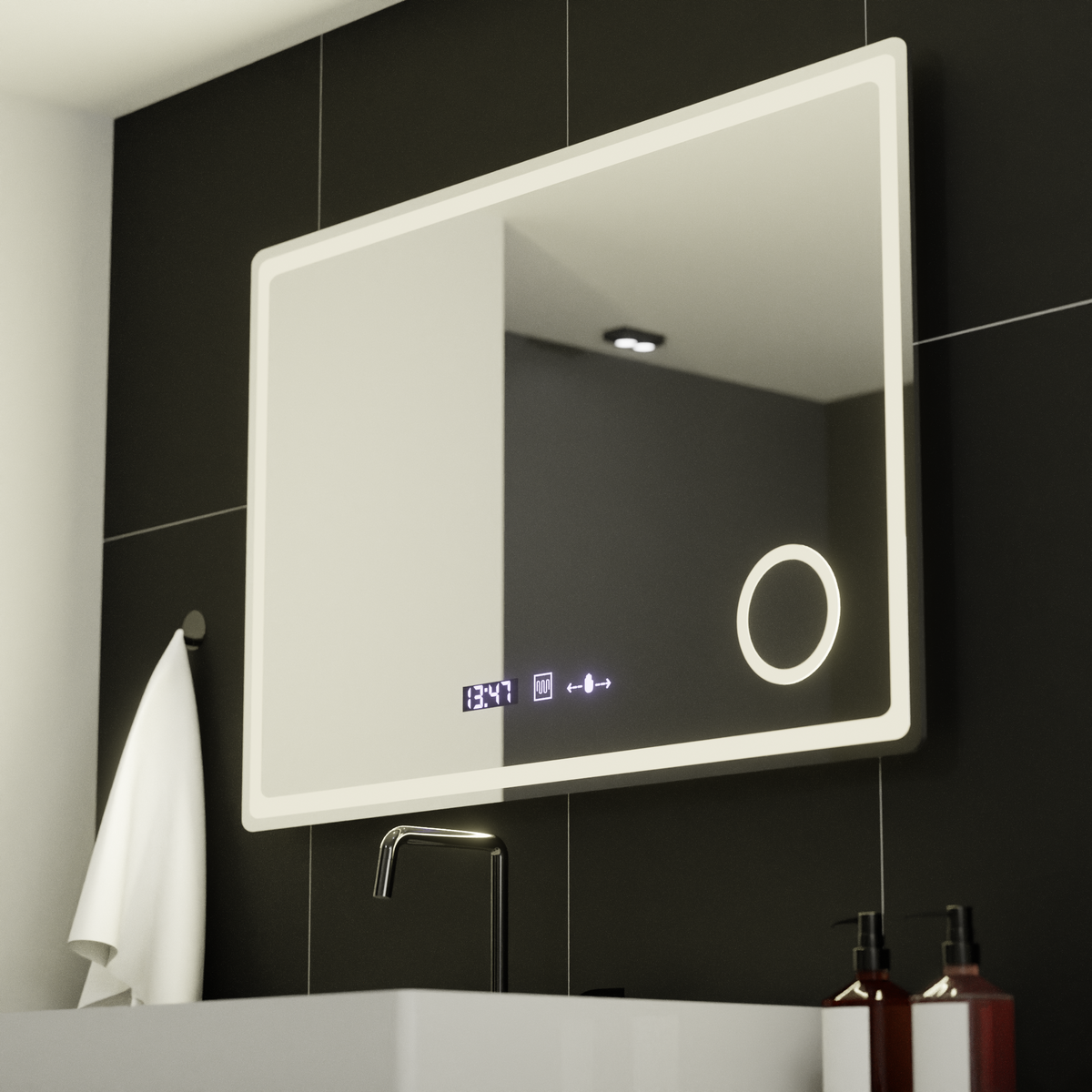 Ορθογώνιος καθρέφτης LED, 90x60 cm, Velor MotionGlow Marcello, Σύστημα αποθαμβώματος, Ρολόι & Θερμόμετρο, Καλλυντικός Μεγεθυντικός φακός, Καθρέφτες Dimable Marcello Προεπιλεγμένος τίτλος Alessandro Design