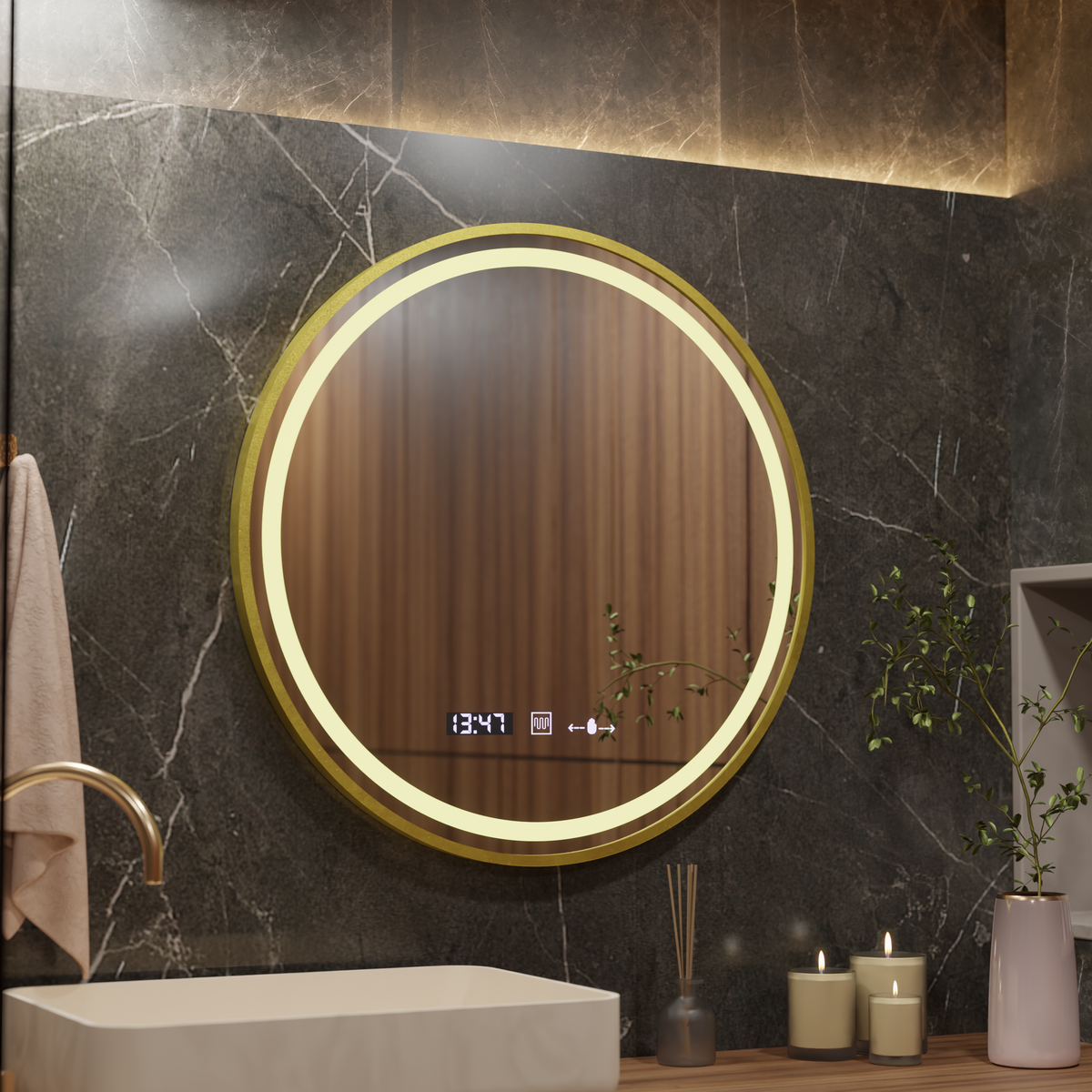 LED Στρογγυλός καθρέφτης, 80 cm, Celeste Royale Gold MotionGlow Marcello, Σύστημα αποθαμβώματος, Ρολόι & Θερμόμετρο, Καθρέφτες Dimable Marcello Προεπιλεγμένος τίτλος Alessandro Design
