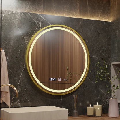 Στρογγυλός καθρέφτης LED, 60 cm, Celeste Royale Gold Eleve MotionGlow Marcello, Σύστημα αποθαμβώματος, Ρολόι & Θερμόμετρο, Ρυθμιζόμενο, Αποσπώμενο λουρί Καθρέφτες Marcello Προεπιλεγμένος τίτλος Alessandro Design