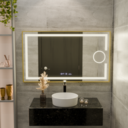 Ορθογώνιος καθρέφτης LED, 120x80 cm, Eclat MotionGlow Marcello, Σύστημα αποθάμβωσης, Ρολόι & Θερμόμετρο, Καλλυντικό Μεγεθυντικός φακός, Dimable, Βουρτσισμένο χρυσό πλαίσιο Marcello Mirrors Προεπιλεγμένος τίτλος Alessandro Design