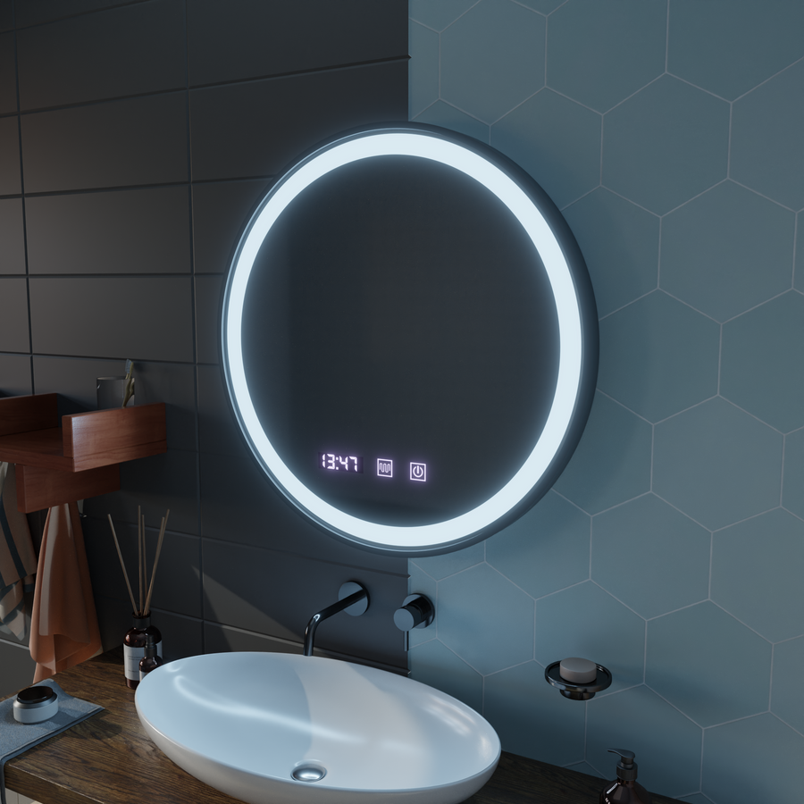 Καθρέφτης αφής LED NOVARA Σύστημα Demister, Ρολόι και θερμοκρασία 80 cm Μαύρο πλαίσιο Βουρτσισμένοι καθρέφτες Korman S Προεπιλεγμένος τίτλος Alessandro Design