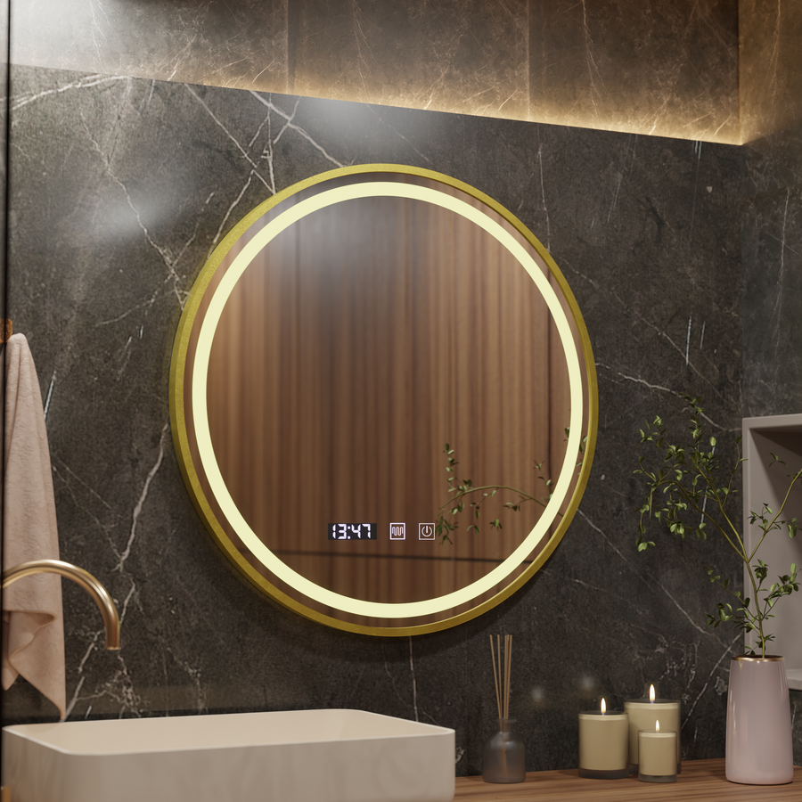 Καθρέφτης LED Touch LUSSO Σύστημα αποθολώματος, Ρολόι και θερμοκρασία, 70 cm, Βουρτσισμένο χρυσό πλαίσιο Καθρέπτες Korman S Προεπιλεγμένος τίτλος Alessandro Design