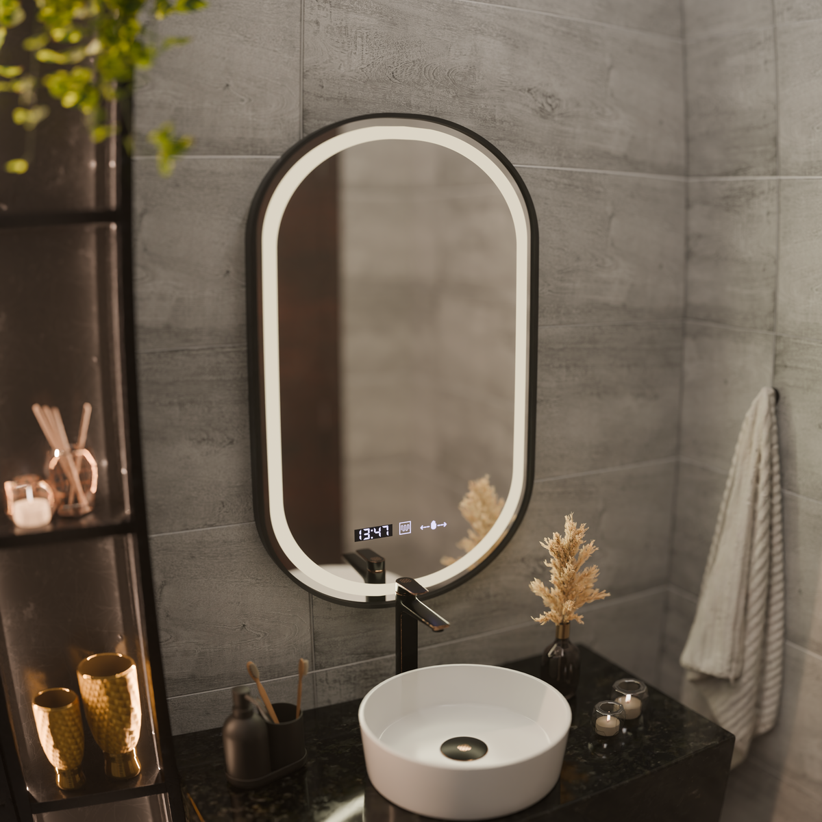 LED Touch Helmut Mirror, Demister System, Clock and Temperature 45x90 cm, Black Frame, Brushed Marcello Funghi Mirrors Korman S Προεπιλεγμένος τίτλος Alessandro Design