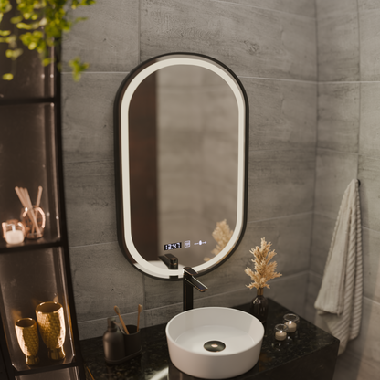 LED Touch Helmut Mirror, Demister System, Clock and Temperature 45x90 cm, Black Frame, Brushed Marcello Funghi Mirrors Korman S Προεπιλεγμένος τίτλος Alessandro Design