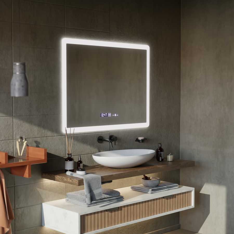 Ορθογώνιος καθρέφτης LED, 80x60 cm, αισθητήρας ELANCEE MotionGlow Marcello, Σύστημα αποθαμβώματος, Ρολόι & Θερμόμετρο, Dimable Mirrors Marcello Προεπιλεγμένος τίτλος Alessandro Design