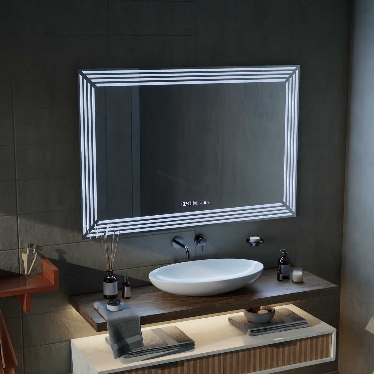 Ορθογώνιος καθρέφτης LED, 120x80 cm, Αισθητήρας Venezia Marcello MotionGlow, Σύστημα αποθολώματος, Ρολόι & Θερμόμετρο, Καθρέφτες Dimabila Marcello Προεπιλεγμένος τίτλος Alessandro Design