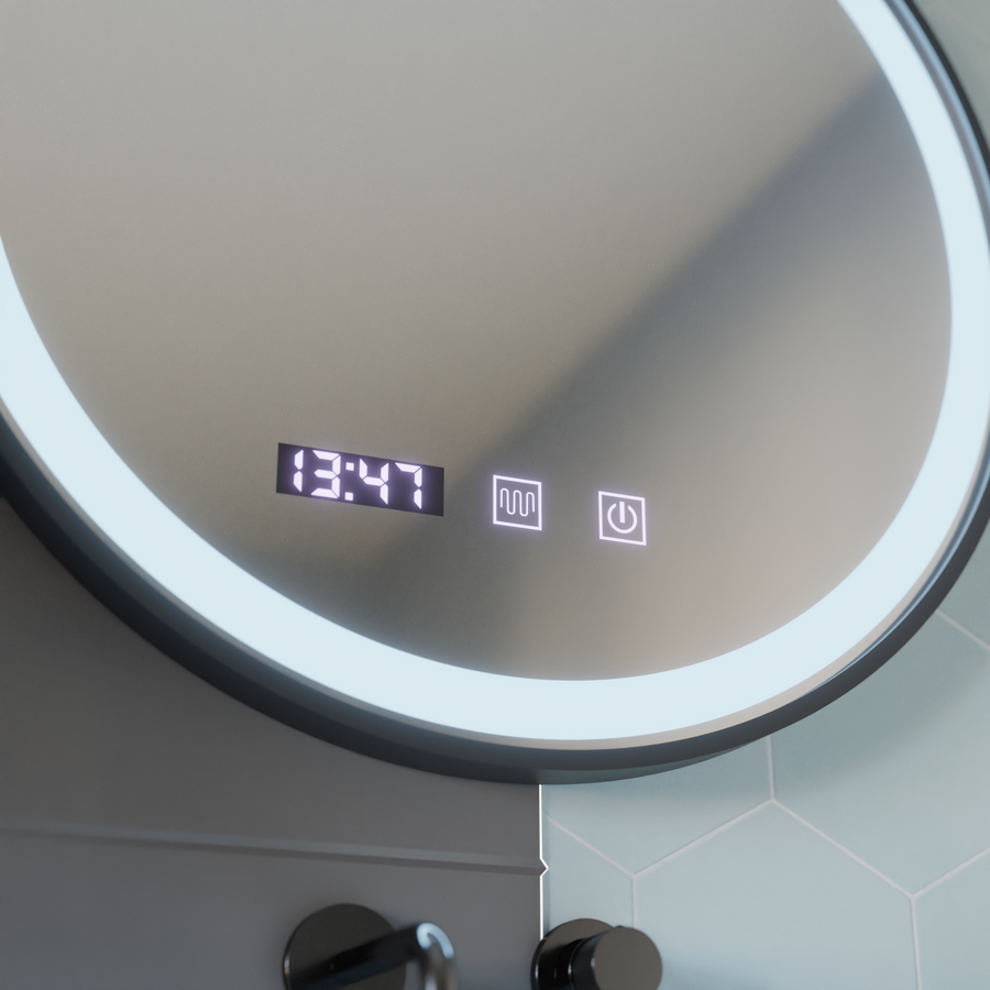 Καθρέφτης αφής LED NOVARA Σύστημα Demister, Ρολόι και θερμοκρασία 90 cm Μαύρο πλαίσιο Βουρτσισμένοι καθρέφτες Korman S Προεπιλεγμένος τίτλος Alessandro Design