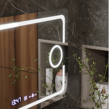 Ορθογώνιος καθρέφτης LED, 110x75 cm, Eclat MotionGlow Marcello, Σύστημα αποθολώματος, Ρολόι & Θερμόμετρο, Καλλυντικός Μεγεθυντικός φακός, Καθρέφτες Dimable Marcello Προεπιλεγμένος τίτλος Alessandro Design