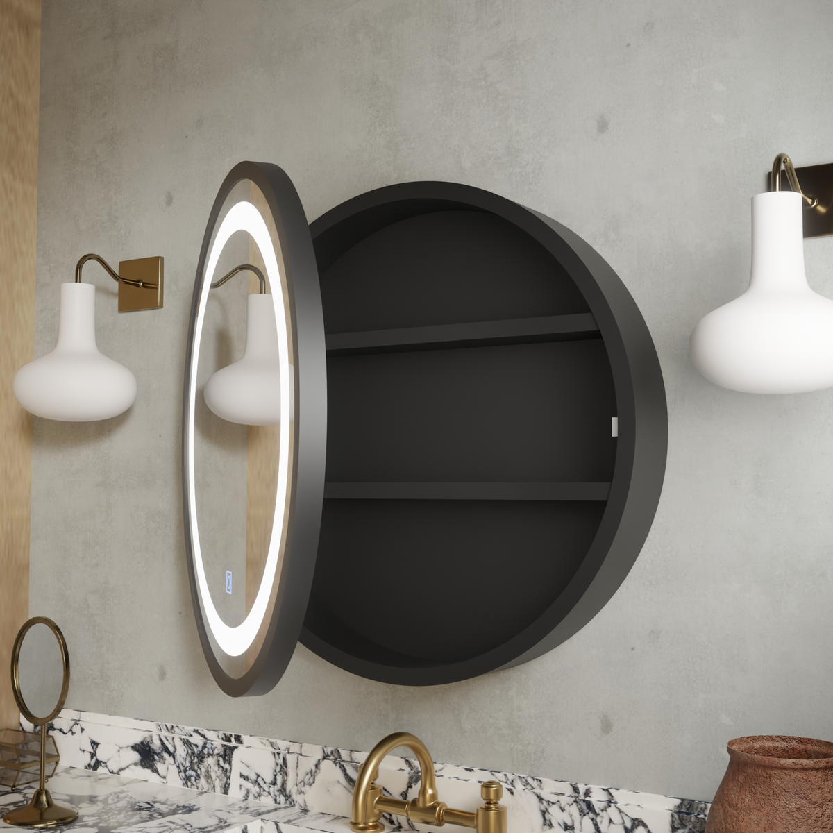 Καθρέφτης LED με Ντουλάπι, Στρογγυλός, 10W, 50x50cm, Demist, Μαύρο πλαίσιο, Αποθηκευτικός Χώρος Ντουλάπι Καθρέφτες Προεπιλεγμένος τίτλος Alessandro Design