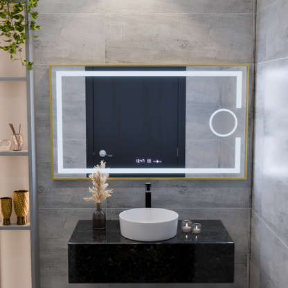Ορθογώνιος καθρέφτης LED, 120x80 cm, Eclat MotionGlow Marcello, Σύστημα αποθάμβωσης, Ρολόι & Θερμόμετρο, Καλλυντικό Μεγεθυντικός φακός, Dimable, Βουρτσισμένο χρυσό πλαίσιο Marcello Mirrors Προεπιλεγμένος τίτλος Alessandro Design