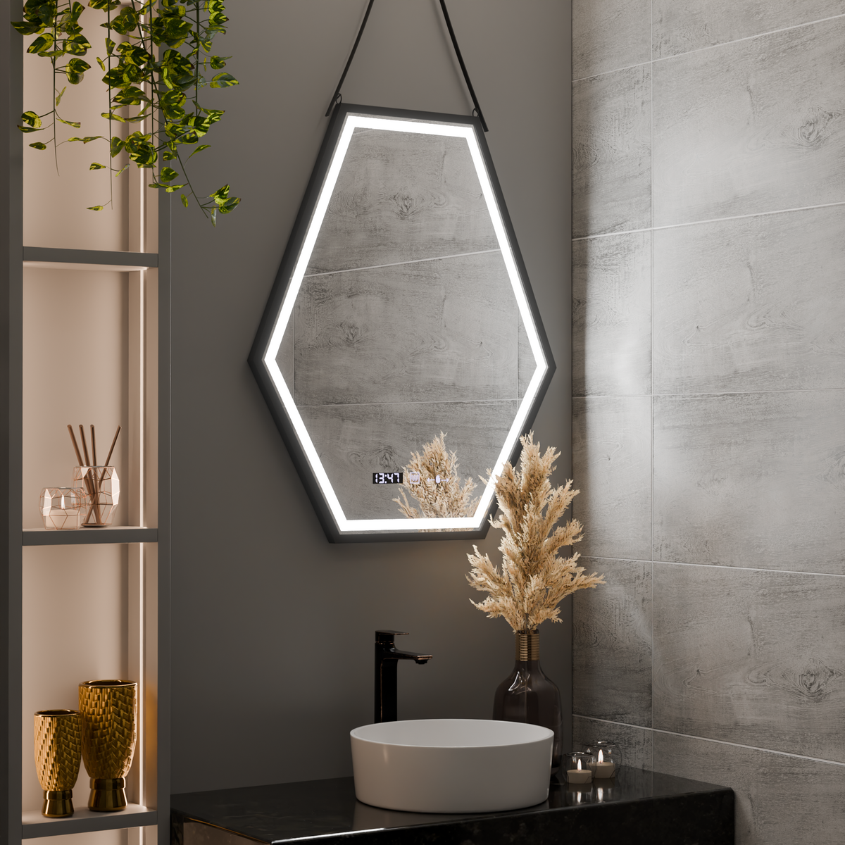 Ορθογώνιος καθρέφτης LED, 55x70 cm, Αισθητήρας Marcello MotionGlow, Σύστημα αποθολώματος, Ρολόι & Θερμόμετρο, Ρυθμιζόμενοι καθρέφτες Marcello Προεπιλεγμένος τίτλος Alessandro Design