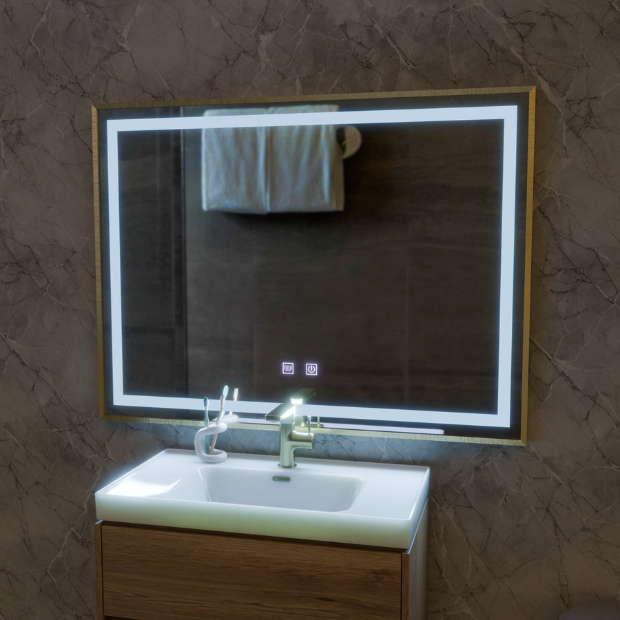 Καθρέφτης LED αφής RAYNA, 80x60 cm, λειτουργία Demist, Καθρέφτες από βουρτσισμένο χρυσό πλαίσιο Korman E Προεπιλεγμένος τίτλος Alessandro Design