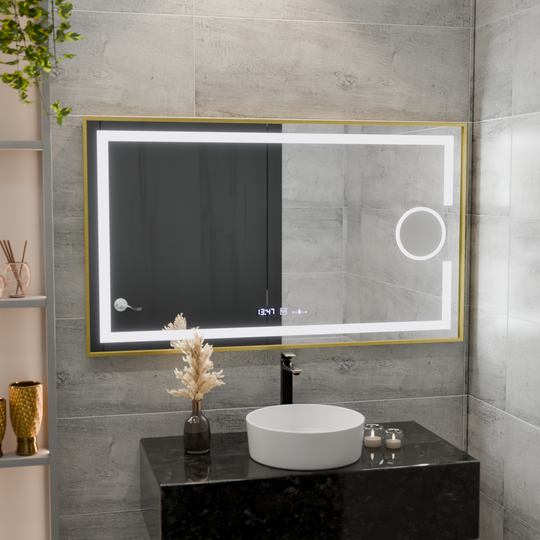 Ορθογώνιος καθρέφτης LED, 120x80 cm, Eclat MotionGlow Marcello, Σύστημα αποθάμβωσης, Ρολόι & Θερμόμετρο, Καλλυντικό Μεγεθυντικός φακός, Dimable, Βουρτσισμένο χρυσό πλαίσιο Marcello Mirrors Προεπιλεγμένος τίτλος Alessandro Design