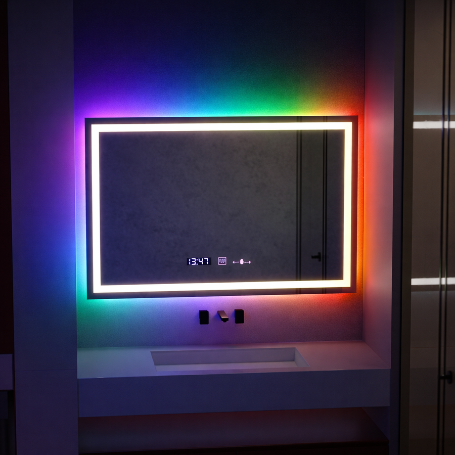 Ορθογώνιος καθρέφτης LED, 100x60 cm, Verite MotionGlow Marcello, Σύστημα αποθαμβώματος, Ρολόι & Θερμόμετρο, Ρυθμιζόμενο, W09/100X60BTRGB Καθρέφτες Marcello Προεπιλεγμένος τίτλος Alessandro Design