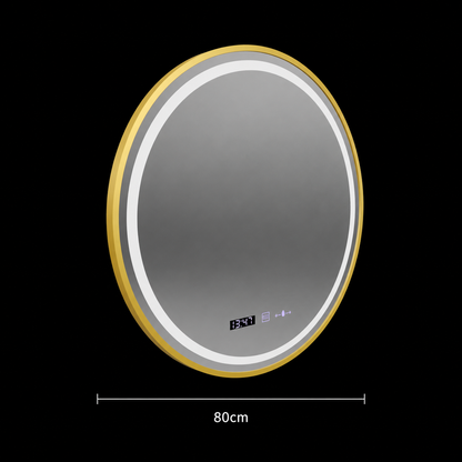 LED Στρογγυλός καθρέφτης, 80cm, Celeste Royale Gold MotionGlow Marcello, Θερμό/Ουδέτερο/Ψυχρό φως, Σύστημα αποθαμβωτικού, Ρολόι & Θερμόμετρο, Ρυθμιζόμενο