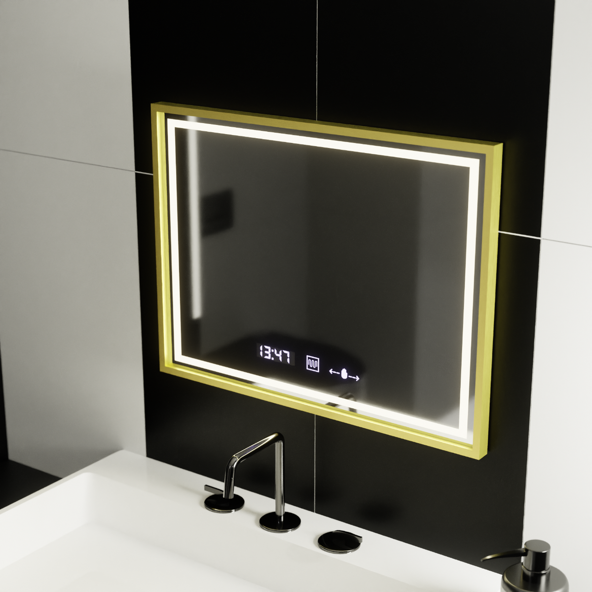 Ορθογώνιος καθρέφτης LED, 80x60 cm, Verite Royale Gold MotionGlow Marcello, Σύστημα αποθαμβώματος, Ρολόι & Θερμόμετρο, Dimable Καθρέφτες Marcello Προεπιλεγμένος τίτλος Alessandro Design